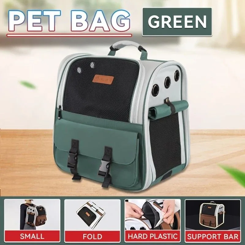 Cat Backpack Carrier – Lightweight, Foldable, Shape-Retaining Travel Bag for Cats and Small Dogs up to 8kg – Dark Green