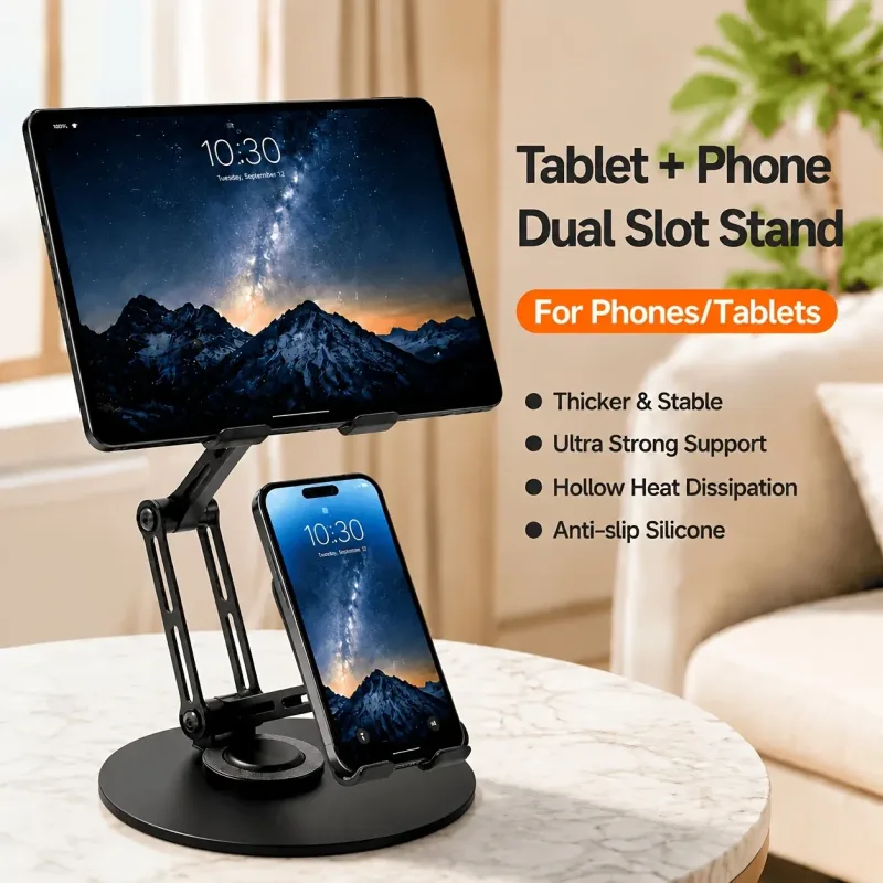 Aluminum Alloy Dual Device Stand for Phone Tablet, 360° Silent Rotation, Weighted Base 2KG Capacity, Hollow Heat Dissipation, Anti-Slip Silicone, Foldable Portable – Black
