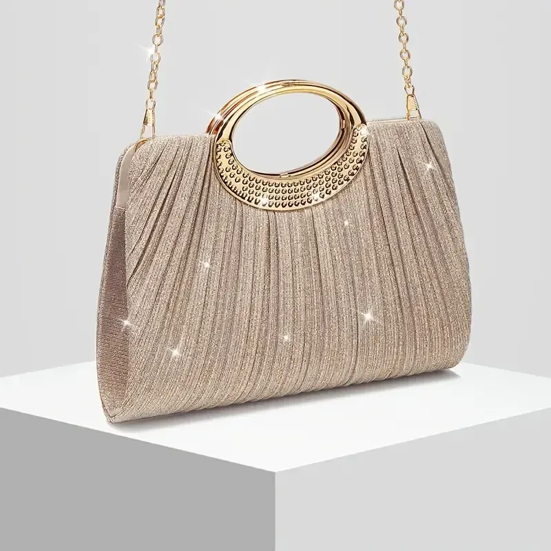[Pleated Sparkle Evening Bag] ​ Metal Ring Handle, Magnetic Snap Closure, Horizontal Square Polyester Clutch, Essential Elegant Accessory for Weddings & Parties. – Black