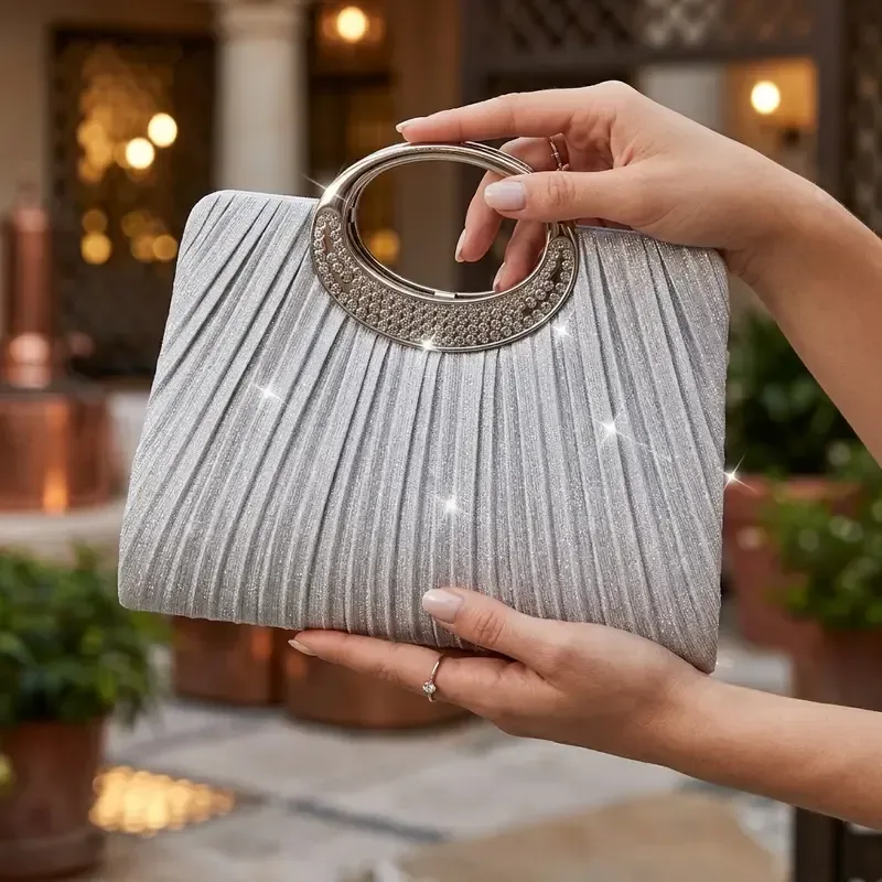 [Pleated Sparkle Evening Bag] ​ Metal Ring Handle, Magnetic Snap Closure, Horizontal Square Polyester Clutch, Essential Elegant Accessory for Weddings & Parties. – Black