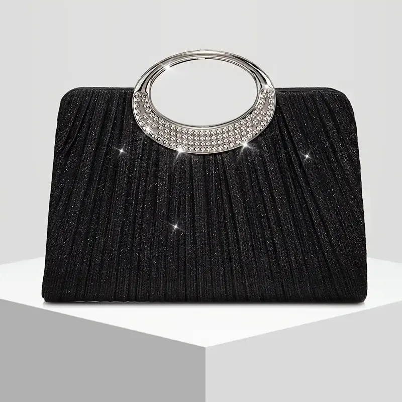 [Pleated Sparkle Evening Bag] ​ Metal Ring Handle, Magnetic Snap Closure, Horizontal Square Polyester Clutch, Essential Elegant Accessory for Weddings & Parties. – Black