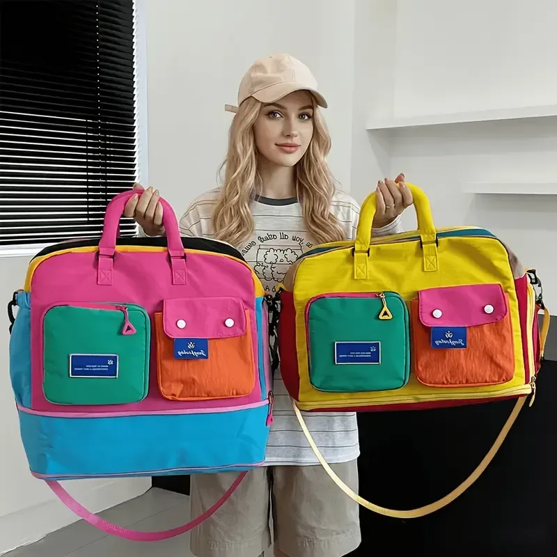 🌈 Color-Block Stitching Large Travel Duffel Bag | Multi-Functional Hand Luggage for Casual Trips – Pink
