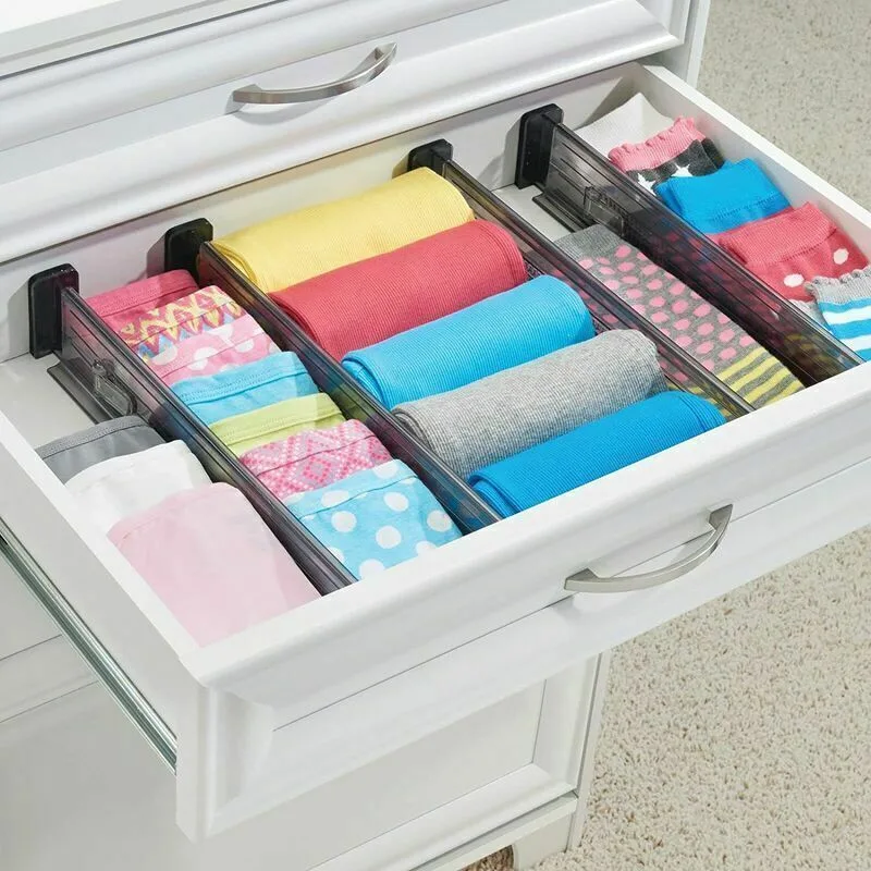 4 Pcs Drawer Organizer Transparent Black Cutlery Tray for Kitchen Bathroom or Bedroom Drawers Adjustable Plastic Drawer Divider