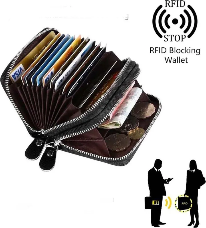 Black RFID Blocking Leather Wallet with Double Zipper and Coin Compartment