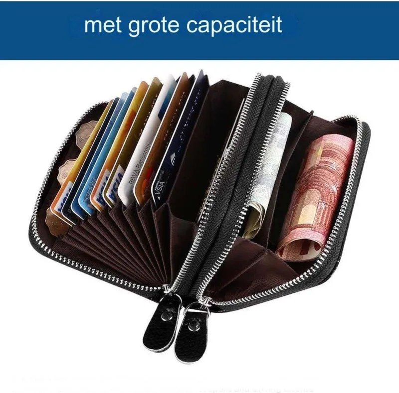 Black RFID Blocking Leather Wallet with Double Zipper and Coin Compartment