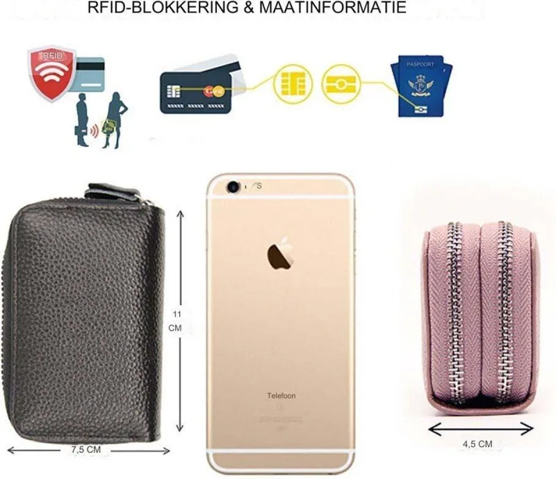 Black RFID Blocking Leather Wallet with Double Zipper and Coin Compartment