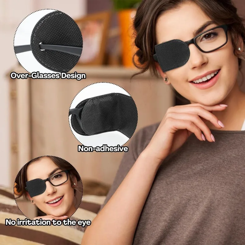 12 Piece Adjustable Eye Patch Set for Glasses, Amblyopia Support, Black, 12 x 5.5 cm