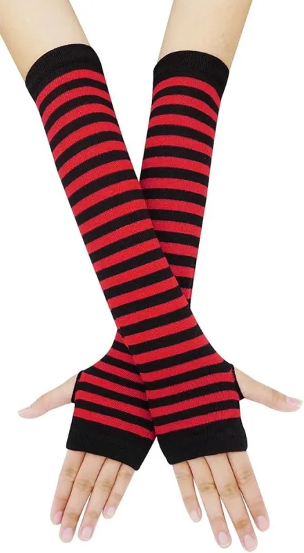 1 Set Black and Red Striped Arm Warmers and Knee Socks, Fingerless Knit Gloves