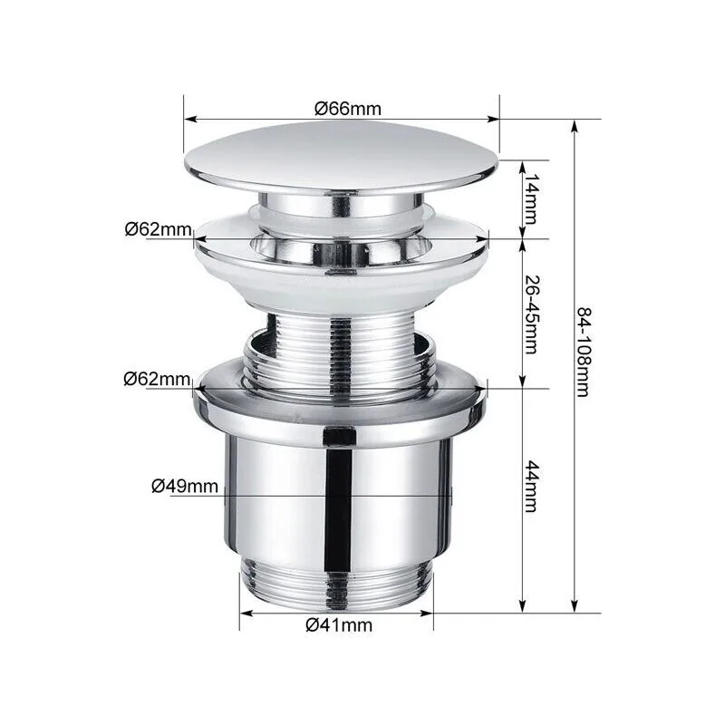 Chrome Copper Pop Up Sink Drain with Universal Automatic Overflow Large Drainage