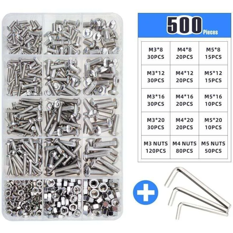 500 Pcs Stainless Steel Box Set M3 M4 M5 Round Head Bolt Screw Nut Disc Head Internal Hex Screw 500 Pcs Stainless Steel Box Set M3 M4 M5 Round Head Bolt Screw Nut Disc Head Internal Hex Screw