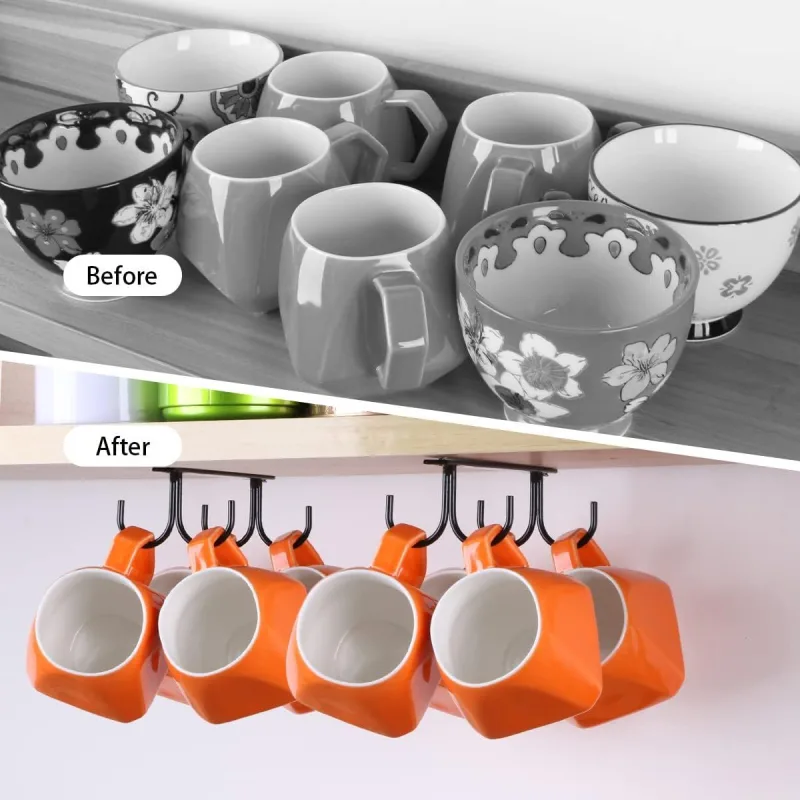2 Piece Under Cabinet Mug Holder 8 Hooks Black