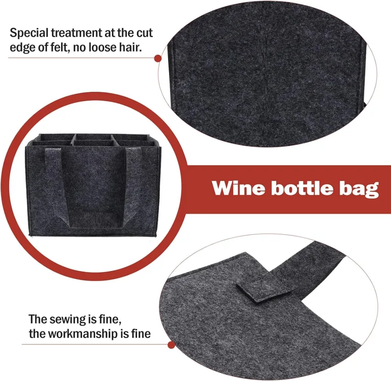 1 Piece Felt Wine Bag for 6 Bottles with Dividers Grey