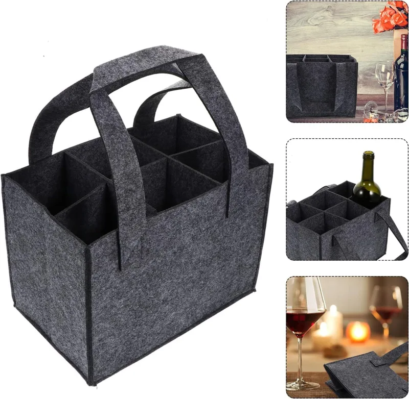 1 Piece Felt Wine Bag for 6 Bottles with Dividers Grey