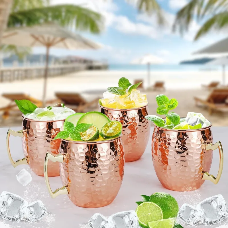 4 Piece Moscow Mule Mug Set Hammered Copper Look, 500 ml