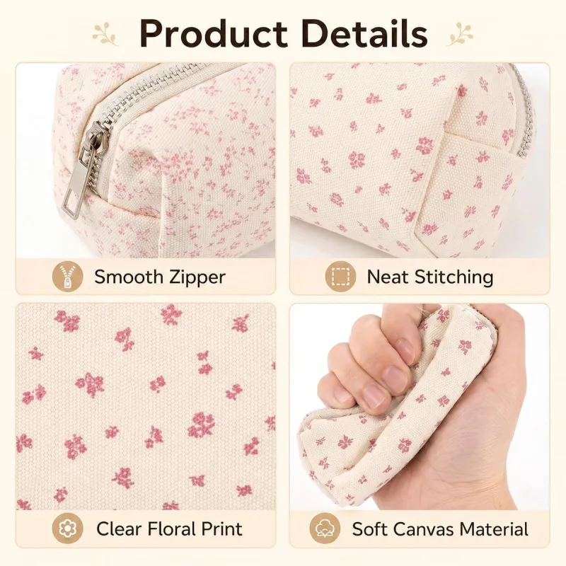 2 Pcs Pencil Case, Small Floral Fabric Zipper Bag for Stationery Storage