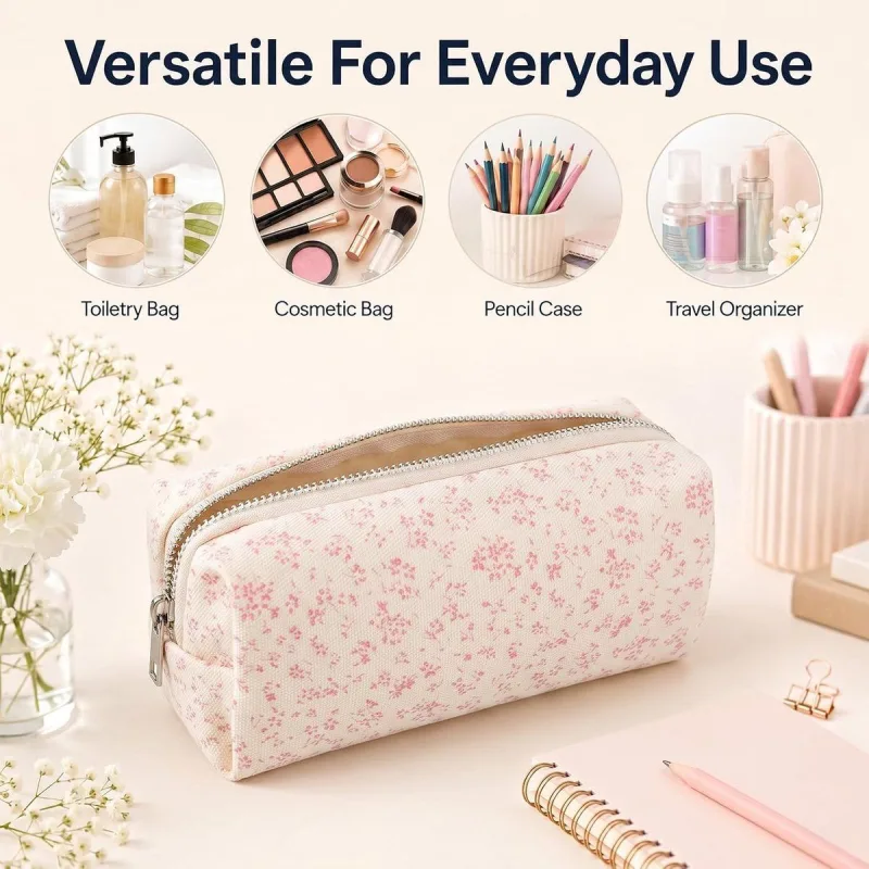 2 Pcs Pencil Case, Small Floral Fabric Zipper Bag for Stationery Storage