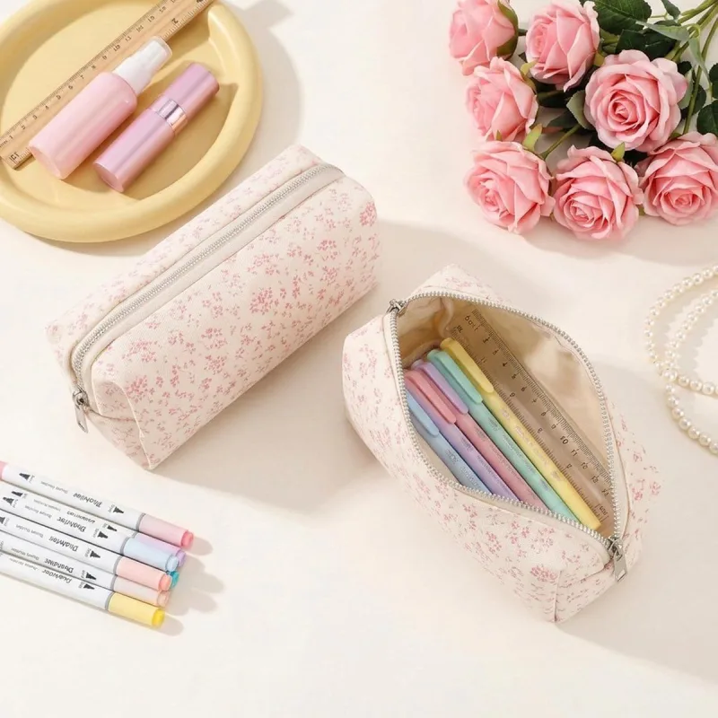 2 Pcs Pencil Case, Small Floral Fabric Zipper Bag for Stationery Storage
