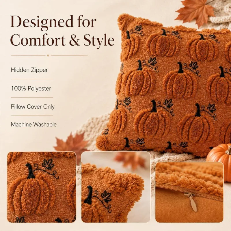 2 Pack Pumpkin Cushion Covers Caramel Autumn Decorative Pillow Cases for Sofa Couch Fall Decoration, 45×45 cm
