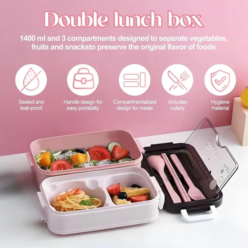 3-Compartment Bento Lunch Box for Adults and Kids, Microwave and Dishwasher Safe, Leakproof Stackable Lunch Container for School Office, 1400 ml