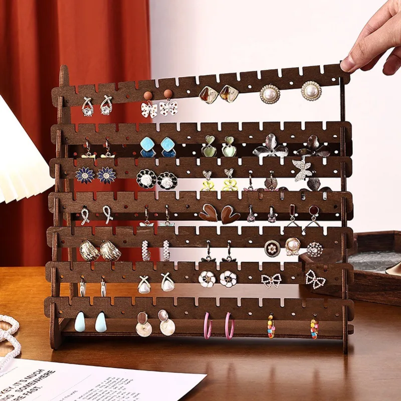 7 Tier Earring Organizer Stand, Wooden Earring Holder Display Rack for Stud Earrings and Hanging Jewelry Storage