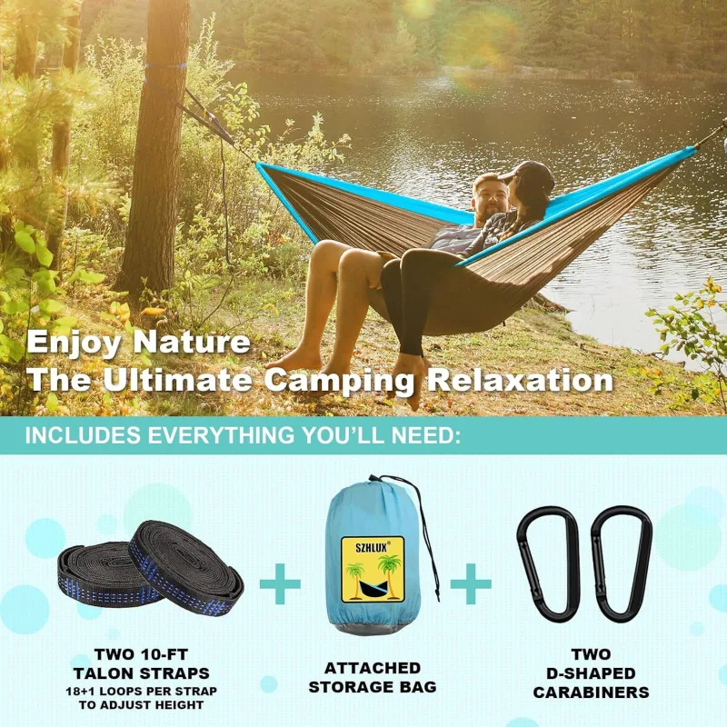 2 Pack Camping Hammock Portable Double Single Hammock with 2 Tree Straps and Carry Bag for Outdoor Indoor Beach Camping, Light Grey and Sky Blue