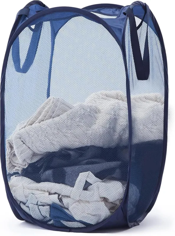 1 Pack Mesh Pop Up Laundry Hamper, Lightweight Foldable Clothes Basket with Easy Carry Handles, Durable Mesh Design for Air Circulation and Simple Storage, Navy (1 Pack) 1 Pack Mesh Pop Up Laundry Hamper, Lightweight Foldable Clothes Basket with Easy Carry Handles, Durable Mesh Design for Air Circulation and Simple Storage, Navy (1 Pack)