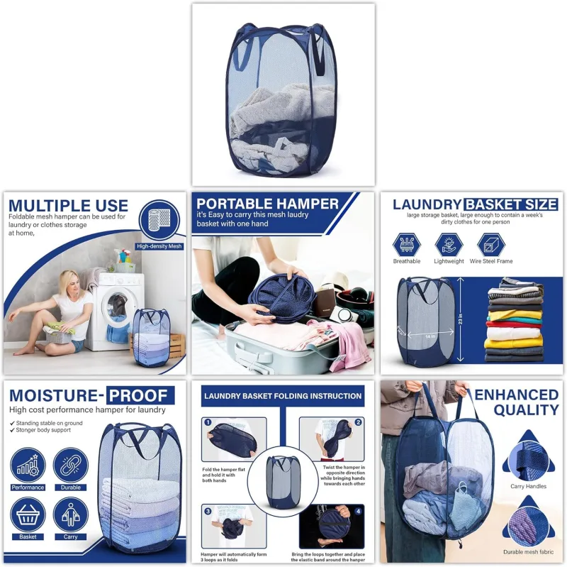 1 Pack Mesh Pop Up Laundry Hamper, Lightweight Foldable Clothes Basket with Easy Carry Handles, Durable Mesh Design for Air Circulation and Simple Storage, Navy (1 Pack)