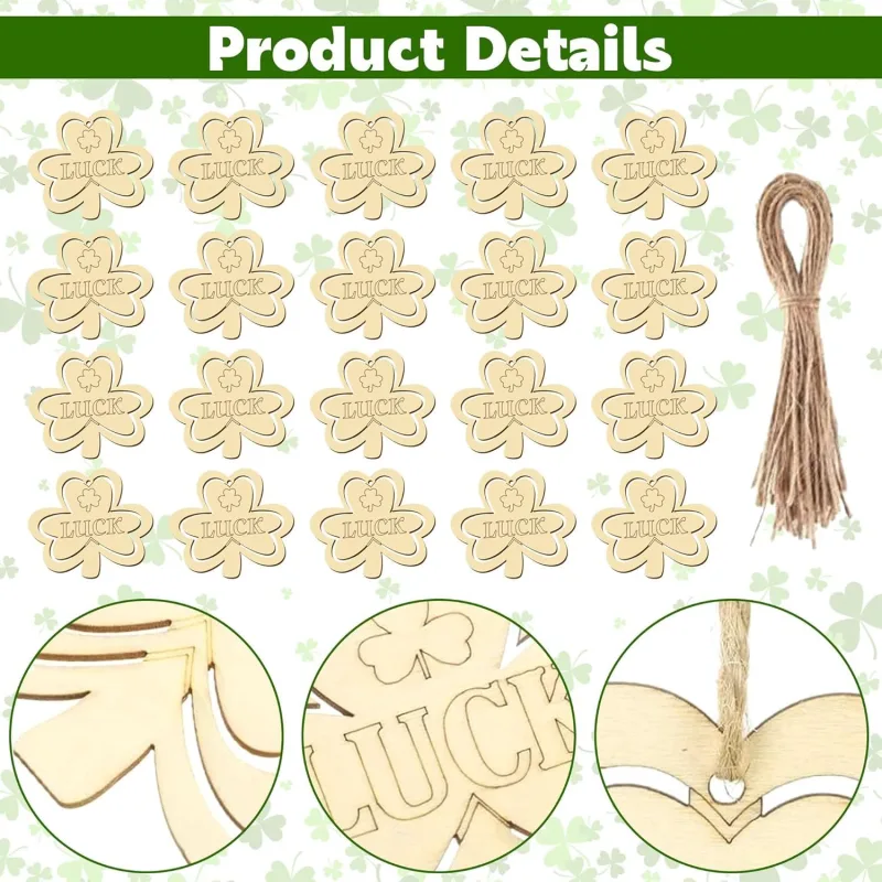 20Pcs Wooden Shamrock Ornaments to Paint, 3.2 Inch St. Patrick’s Day Unfinished Wood Shamrock Cutouts, DIY Blank Luck Clover Shape Hanging Ornaments Ropes with for Crafts Tree Home Decor