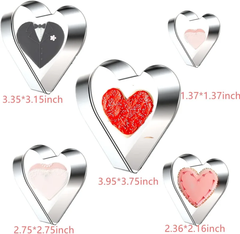 5 Pieces Heart Cookie Cutter Set – Valentine’s Day Heart Shapes Stainless Steel Cutters Molds for Anniversary, Bridal, Engagement and Wedding, Baking Gifts