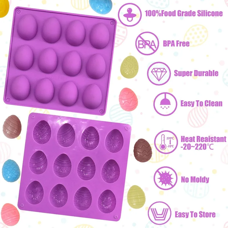2Pcs Easter Egg Silicone Molds, 8 Cavity Easter Egg Shaped Chocolate Mold, Non-stick Jello Mold Silicone Baking Mold for DIY Cake Decoration,Candy, Pastry, Muffin, Bread, Ice Cube, Soap