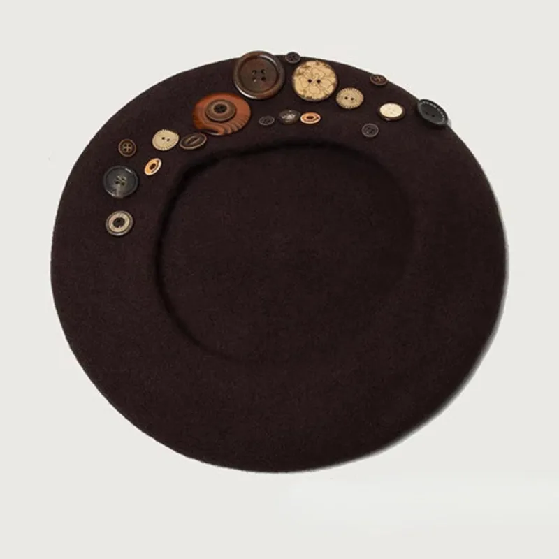 Women’s Wool Blend Felt Beret Hat with Retro Button Detail, Fall Winter Fashion Artistic Cap Korean Style