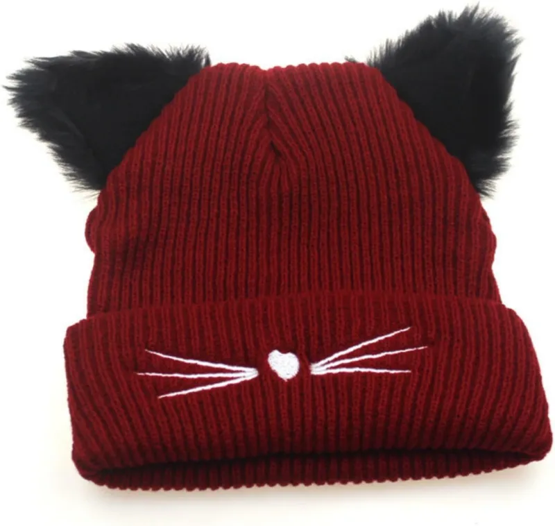 Knit Beanie with Cute Plush Cat Ear Embroidery for Women Girls, Winter Thick Warm Hats Fashion Accessory