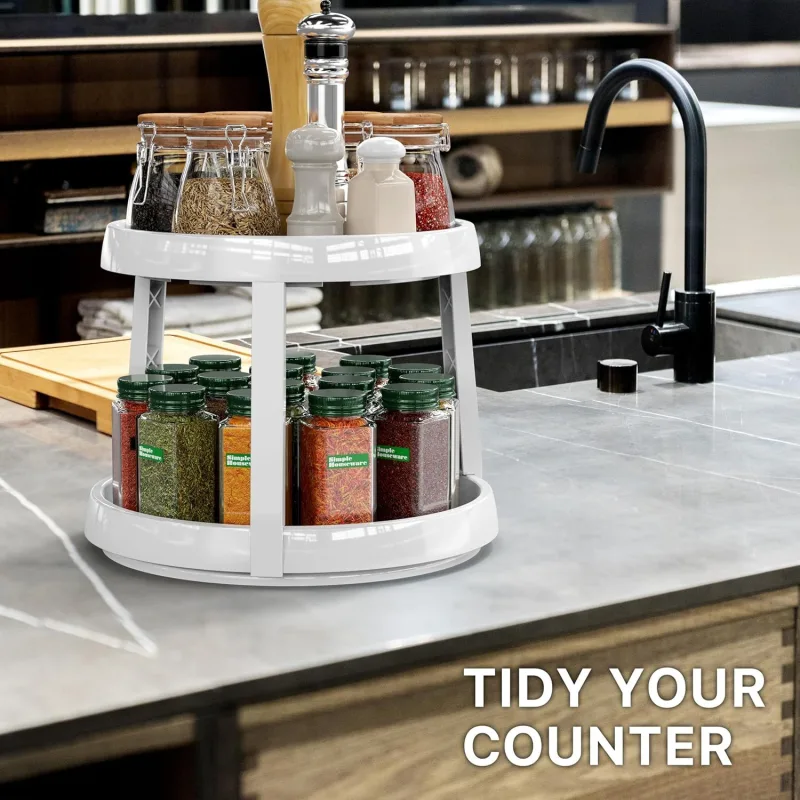 2-Tier Lazy Susan Spice Organizer, 10″ Diameter, White/Gray