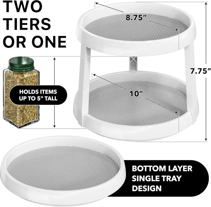 2-Tier Lazy Susan Spice Organizer, 10″ Diameter, White/Gray