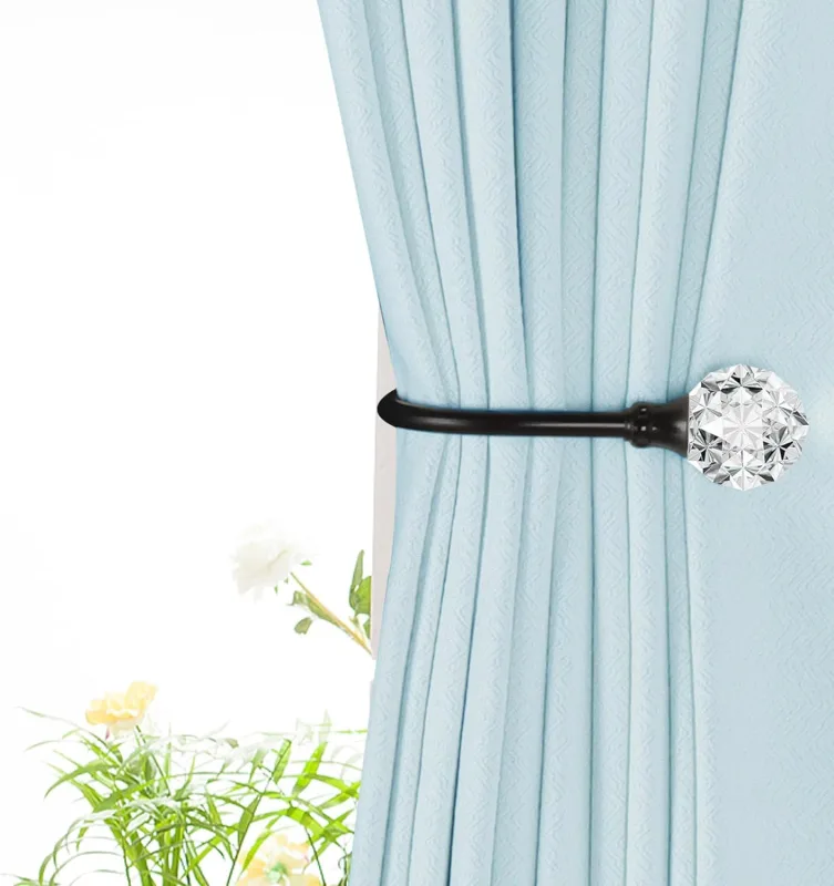 2 x Heavy Duty U Shaped Metal Curtain Holdbacks Curtain Tiebacks with Clear Crystal Ball Pull Backs Curtain Holders or Drapes (Black)
