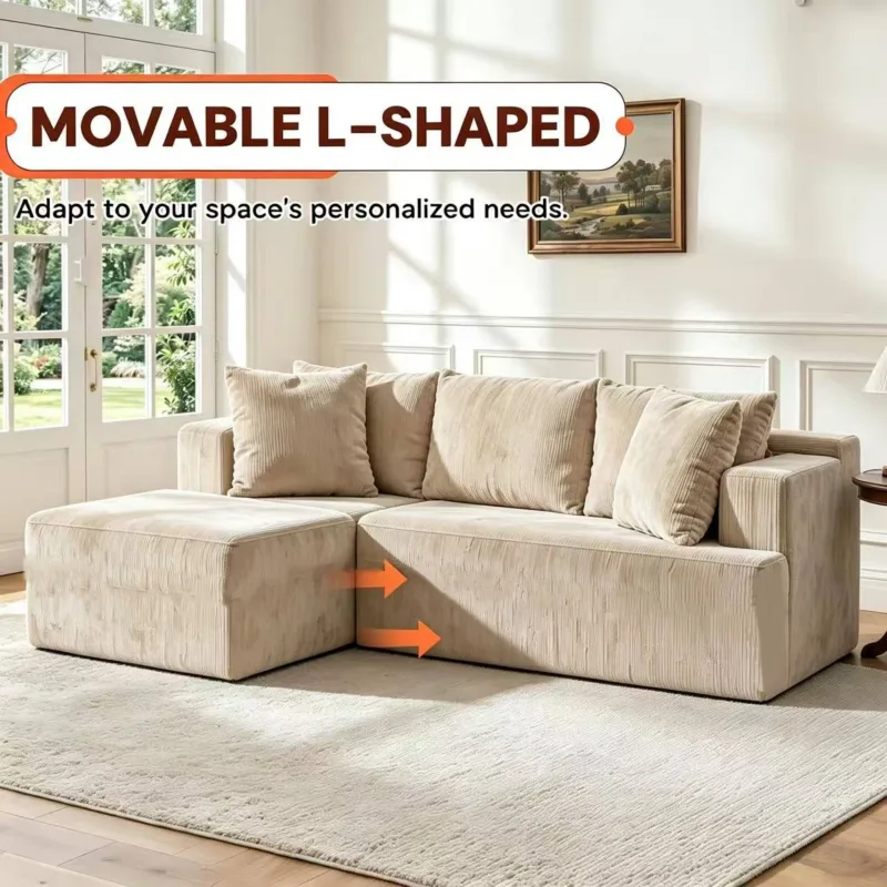 Couch Modular Sectional 3 Seater Sofa L-Shaped Khaki, 81″ Boneless Sofa Bed, Deep Seat and Side Pockets,Breathable Cheneille, High Density Pure Sponge,No Assembly Needed
