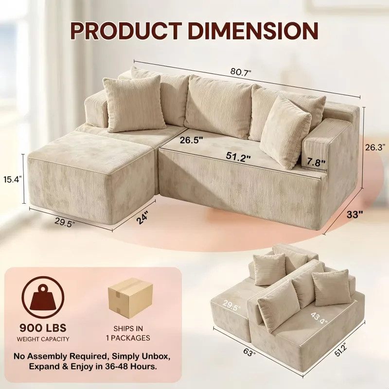 Couch Modular Sectional 3 Seater Sofa L-Shaped Khaki, 81″ Boneless Sofa Bed, Deep Seat and Side Pockets,Breathable Cheneille, High Density Pure Sponge,No Assembly Needed