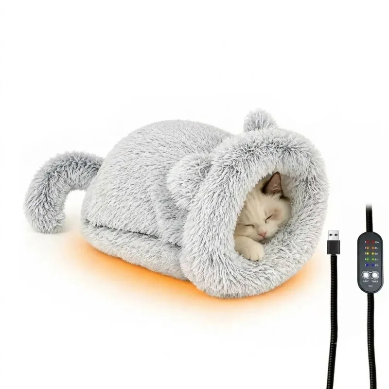 Cozy Heated Two-in-One Plush Cat Cave Bed with USB-Powered Warming, Multi-Level Temperature Control, and Timer, Convertible from Enclosed House to Flat Mat for Year-Round Napping Indoors or on the Go (Grey) Cozy Heated Two-in-One Plush Cat Cave Bed with USB-Powered Warming, Multi-Level Temperature Control, and Timer, Convertible from Enclosed House to Flat Mat for Year-Round Napping Indoors or on the Go (Grey)