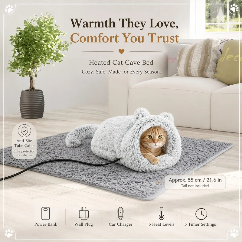 Cozy Heated Two-in-One Plush Cat Cave Bed with USB-Powered Warming, Multi-Level Temperature Control, and Timer, Convertible from Enclosed House to Flat Mat for Year-Round Napping Indoors or on the Go (Grey)