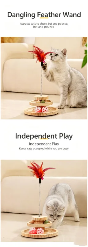 2-Layer Wooden Cat Toy Tumbling Feather Wand
