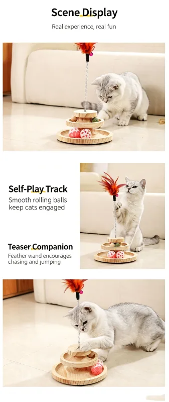 2-Layer Wooden Cat Toy Tumbling Feather Wand