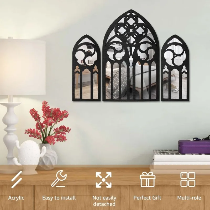 3Pcs Wall Arch Mirrors Set Gothic Wall Mirror Decor Cathedral Arched Mirror Decor Decorative Arched Wall Mirror for Living Room Bedroom Entryway Bathroom Vanity