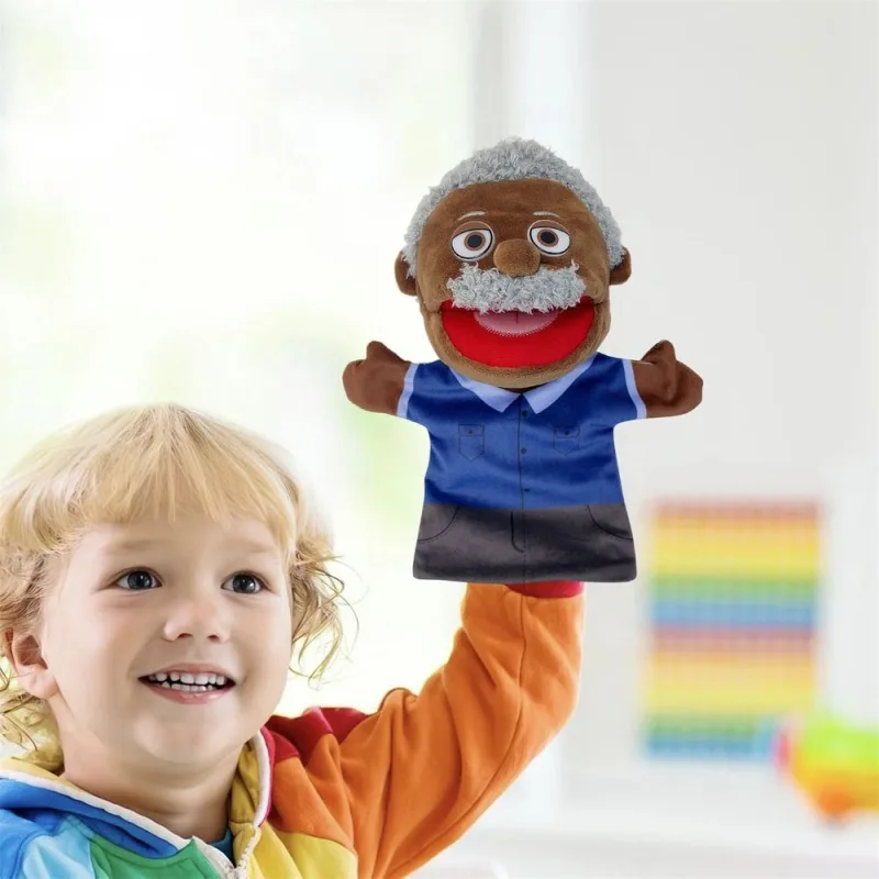 1 Pcs Family Plush Hand Puppet, 12 Inch Grandfather Character Figure, Soft Interactive Doll for Classroom Home Activity, Creative Role-Play Accessory (Black)