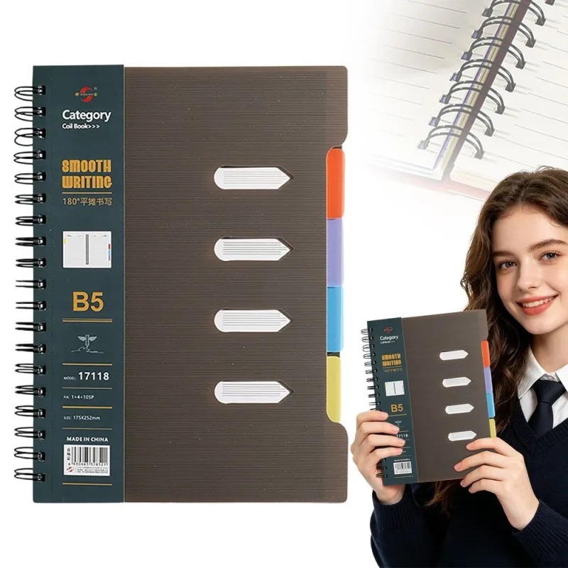 5 Subject Notebook, B5 Large Spiral Notebook, 210 Pages Organizer Notebook, Multi Subject Organizer Journal, Professional Hardcover Notebook for Work Office for Work Office Home Organization, Brown
