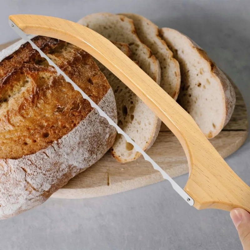 Khaki Bread Slicer with Ergonomic Wooden Handle for Kitchen and Sourdough Bread Cutting