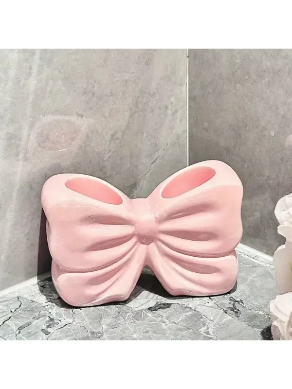 1Pcs Charming Bow Ceramic Toothbrush Holder – Portable Bathroom Organizer, No Drilling, Suitable for Toothbrush and Toothpaste Storage Pink