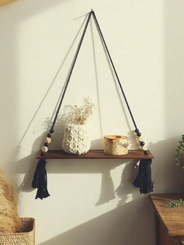1Pcs Boho Macrame Hanging Shelf with Tassels – Rustic Floating Wooden Wall Shelf for Bedroom, Living Room