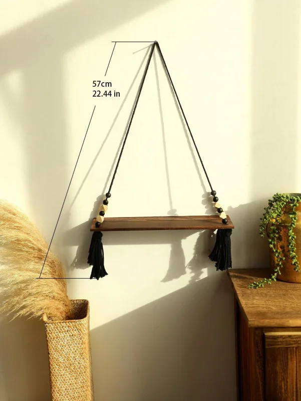 1Pcs Boho Macrame Hanging Shelf with Tassels – Rustic Floating Wooden Wall Shelf for Bedroom, Living Room