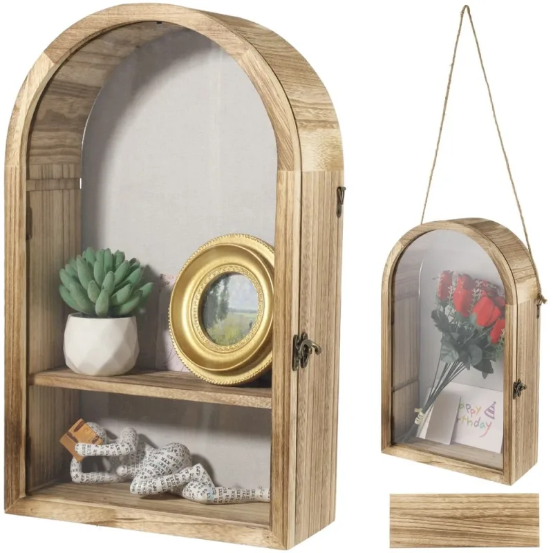Wooden Shadow Box Frame, 16.3" x 9.84" Display Case, Arch Keepsakes Memory Box, Wood Display Case for Wall Decor, Tabletop Decoration, Picture Frame Bouquet Memorabilia Medals Photos Memory Box