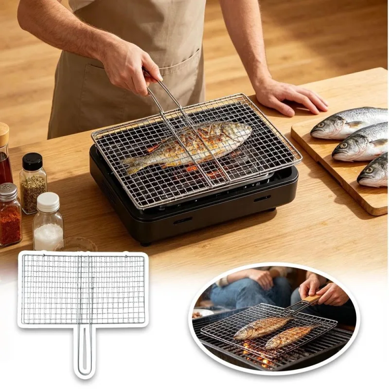 Stainless Steel Mesh BBQ Grill Basket, Long Cool Handle Portable Grilling Rack For Fish Meat Vegetables Camping Picnic